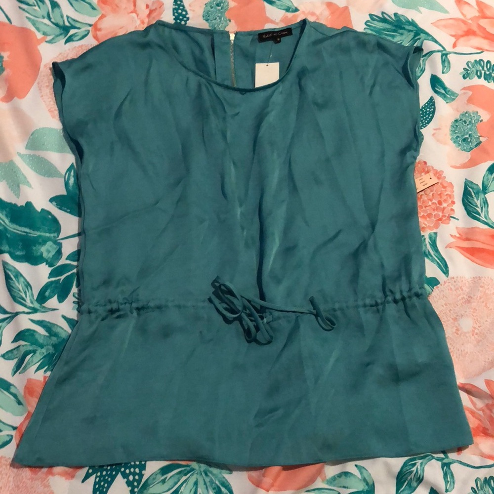 Teal blouse with cinched waist strings